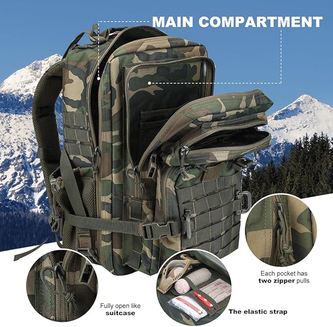 45L MOLLE Assault Backpack, Tactical Backpack Military Army Camping Rucksack with Bottle Holder, 3-Day Pack Trip w/USA Flag Patch, D-Rings, US Woodland