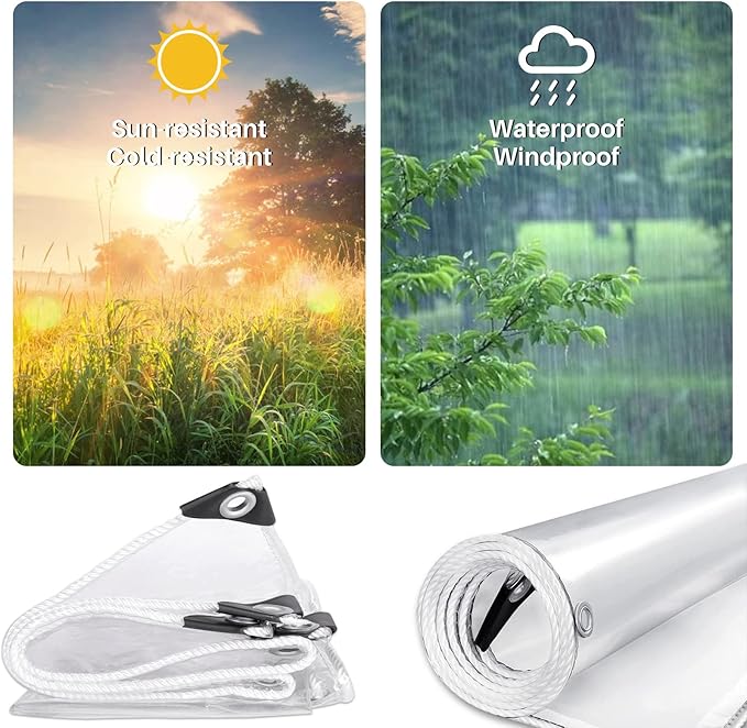 Clear Tarps Heavy Duty Waterproof, 15Mil Transparent PVC Vinyl Tarpaulin with Grommets, Ropes, Reinforced Edge, Tear-Resistant, Anti-UV for Greenhouse, Patio, Garden, Porch, Pavilion, Outdoor