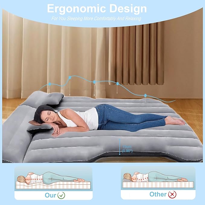 Car Air Mattress Camping Bed, Inflatable Bed Car Mattress for Model Y SUV Truck Backseat Trunk, Portable Foldable AirBed Sleeping Mat Tent Pad SUV Mattress for Car Travel Home (Grey)