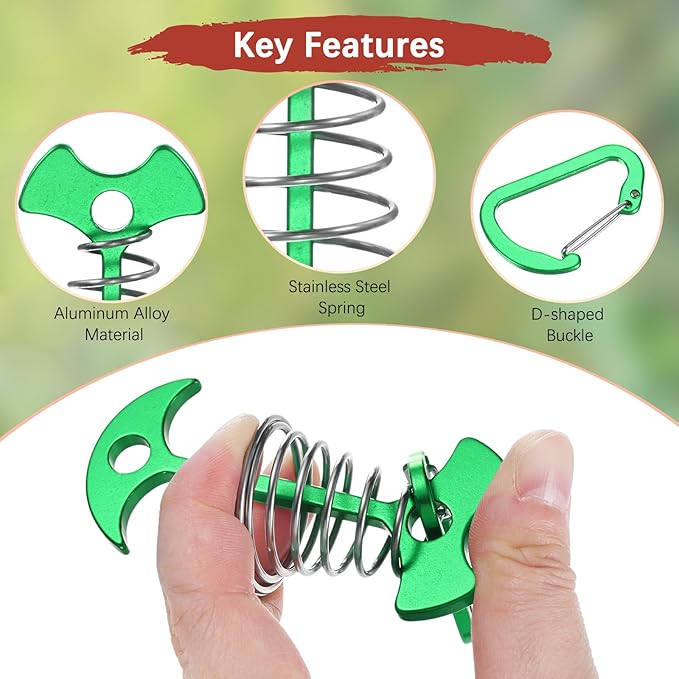 Fishbone Deck Anchor Pegs with Buckles [10PCS] - Aluminium Tent Stakes with Spring Buckle Use for Camping & Hiking - [Green] Windproof Tie Down Tent Stakes