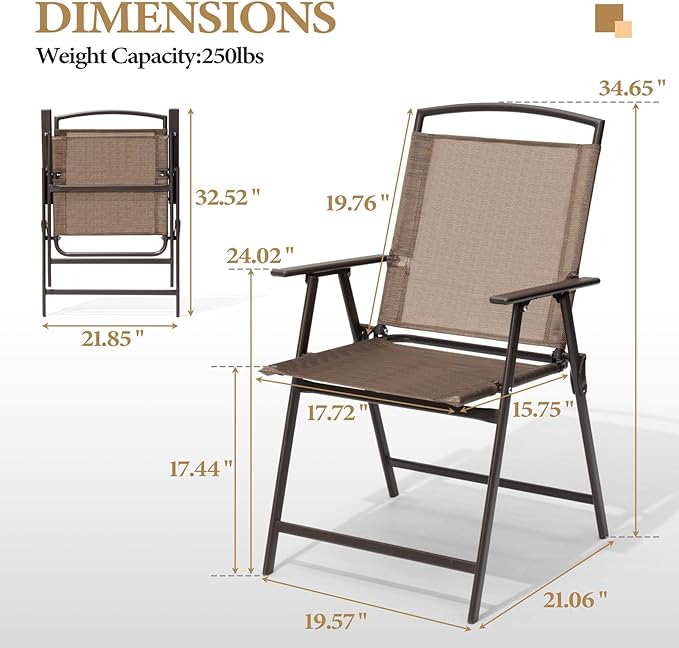 Crestlive Products Patio Folding Chairs Set of 6, Outdoor Folding Chairs with Durable Rust-Resistant Frame and Breathable Textilene Material for Outside, Brown