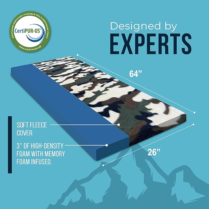 Foamma 3'' x 26'' x 64'' Memory Foam Camouflage Roll-Up Camping Mattress with Soft Fleece Zipper Cover, Foldable and Portable, RV Bunk, Tent, Guest Bed, Outdoor and Dorm, CertiPUR-US Certified Foam