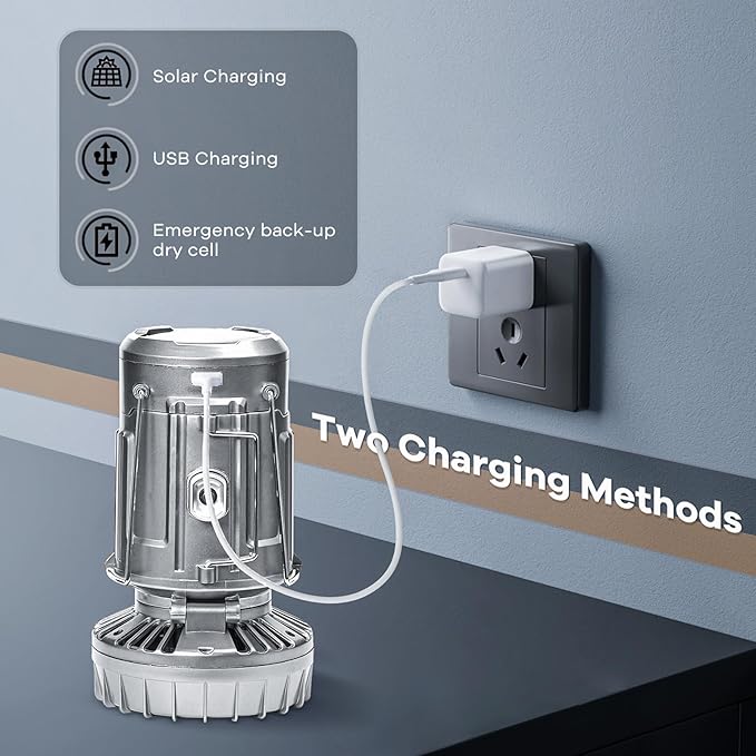 Solar Camping Lantern with Fan & Phone Charger, Portable Rechargeable Power for Hurricanes, Emergency, Power Outage and Camping Gear, Silver