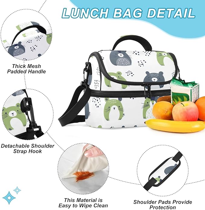 Double-layer Lunch Bag safaris Simple Bears Green Soft Cooler Cooling boxes? with Detachable Shoulder Strap for Beach, Camping, Road Trips