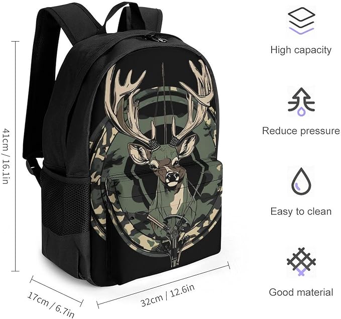 Supdreamc Rucksack Anti-Theft Multipurpose Large Capacity Carry On Bag, Camouflage American Flag Hunting Camo Deer Black Travel Hiking Bag Day Pack With Side Pockets