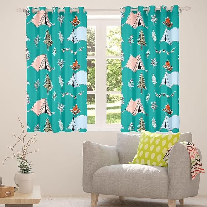 Feelyou Green Camping Camper Curtains for Bedroom Living Room Happy Camping Blackout Shades Campfire Tent Room Darkening Curtain Window Treatments, 2 Panels 52 x 90 Inch Decor