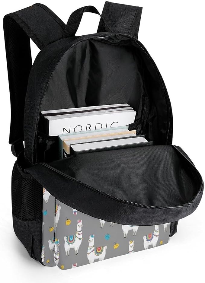 Women Men Polyester Cute Llama Alpaca Casual Daypack Large Capacity Bookbag With Side Pockets for Sports Picnic Walking Cycling