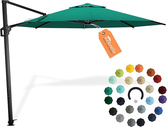 Midtown Umbrellas 10 Ft Outdoor Cantilever Patio Umbrella w/Sunbrella Canvas Teal Fabric - 360° Rotate Offset Patio Umbrella, Deck Patio Umbrella, Backyard Umbrella & Garden Umbrella - Black Frame