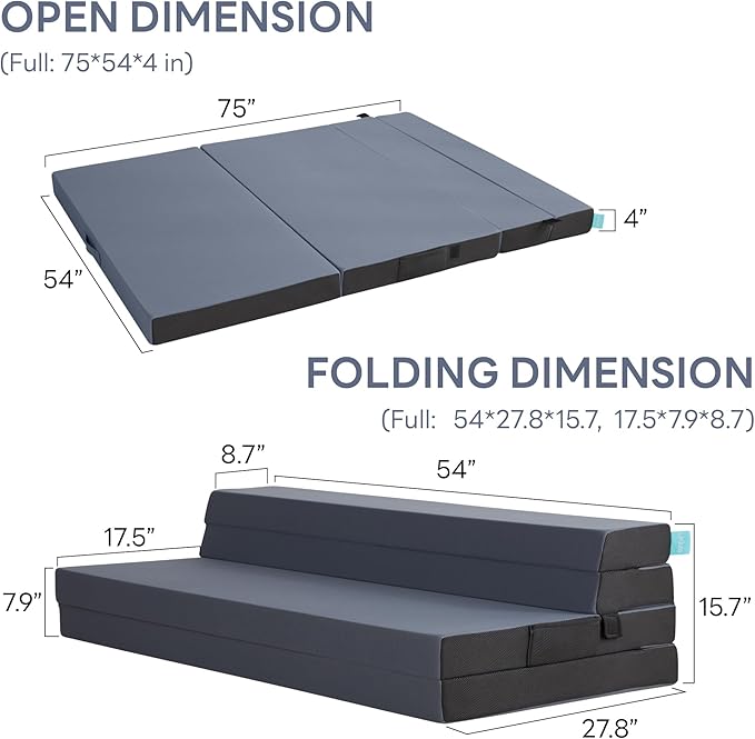 LIKIMIO Folding Mattress Full, High Density Foam Mattress with Breathable and Washable Cover & Storage Bag, 4 Inch Foldable Mat Topper for Camping, RV and Yoga, Handle Design, Blue
