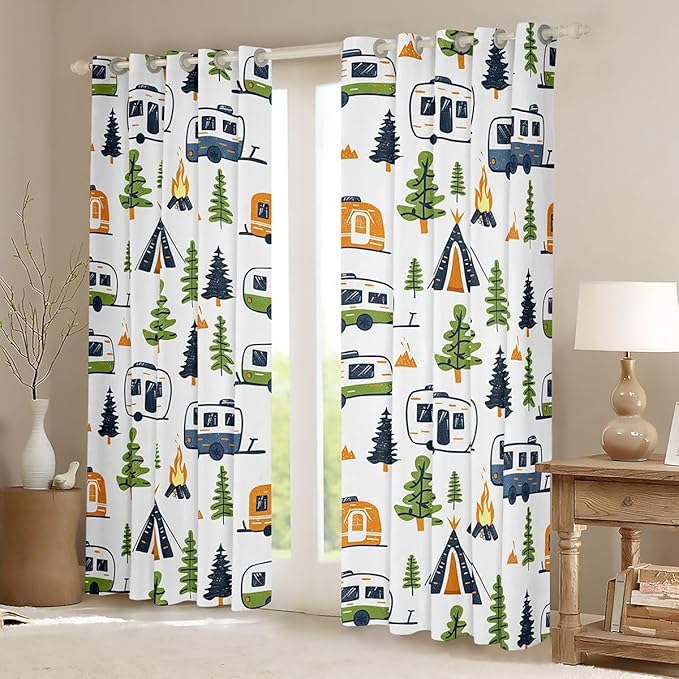 jejeloiu Happy Camping Curtains for Bedroom Living Room Camper 30%-50% Blackout Darkening Drapes Cartoon Camping Car Window Treatments, 2 Panels 42 x 63 Inch Room Decor