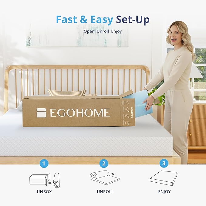 EGOHOME 2 Inch Full Memory Foam Mattress Topper, Cooling Gel Infused & Pressure Relieving Pad in a Box, Dorm Room Essentials, CertiPUR Certified, Blue