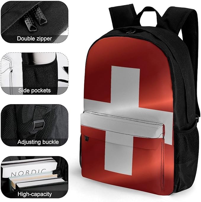 Men Women Polyester Flag Of Switzerland Backpack Large Capacity Bookbag With Smooth Zippers for Climbing Picnic Bicycle