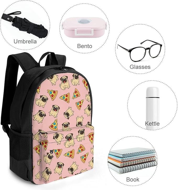 Lightweight Rucksacks for Camping Picnic Walking Cycling, Large Capacity Multipurpose Anti-Theft Carry On Bag, Pug Pizza Pink Travel Hiking Camping Rucksack