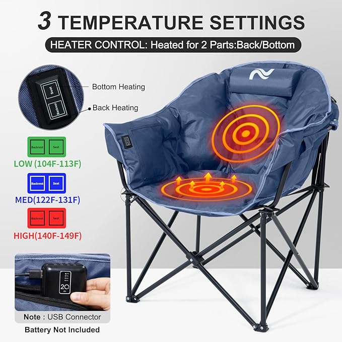 ABORON Oversized Heated Camping Chair, Three Model Portable and Foldable,Heavy Duty Support Up to 500 lbs, Ideal for Outdoor Adventures