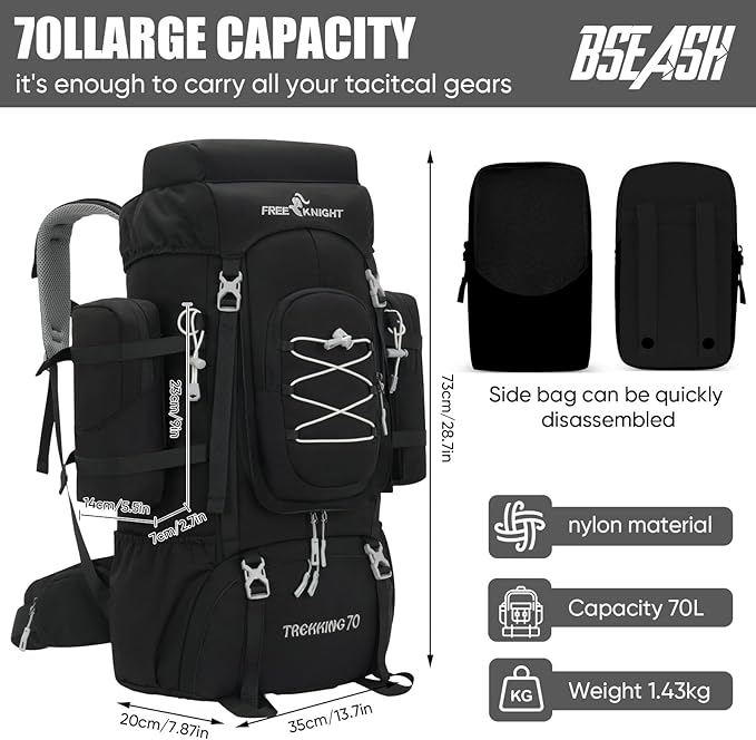 Bseash 70L (65+5) Waterproof Hiking Camping Backpack with Rain Cover, Outdoor Sport Travel Daypack for Climbing Touring (Black)