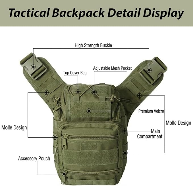 Tactical Backpack for Men，Military Sport Bag Pack Sling Shoulder Backpack Tactical Crossbody Bag EDC Molle Assault Range Bag Chest Pack for Hiking Camping Outdoor - Green