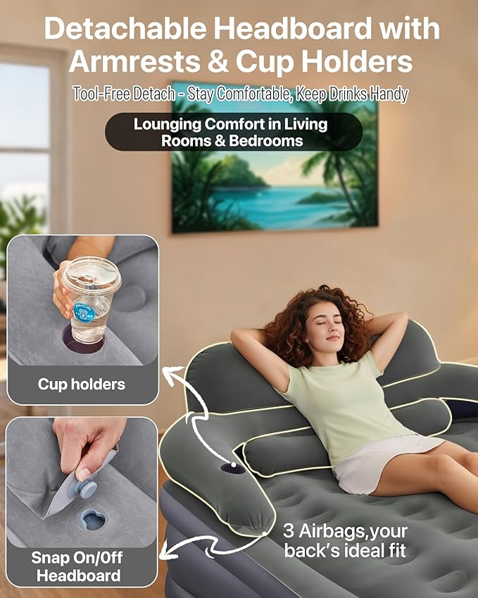 A-ER-FA Queen Air Mattress with Detachable Headboard and Cup Holder - 20 Height 700lbs Capacity Comfort Inflatable Bed for Guests Home Camping and Travel Durable Construction,Colchón Inflable,Air Bed
