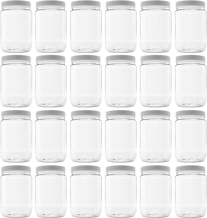 24 Pack of 32 Ounce Plastic Quart Jars with 89RM Leak Proof Seal Lid - Food Grade and BPA Free (32oz, 24pk)