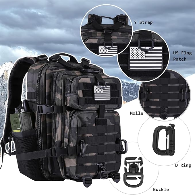 30L MOLLE Assault Pack, Tactical Backpack Military Army Camping Rucksack with Bottle Holder, 3-Day Pack, Black Camo