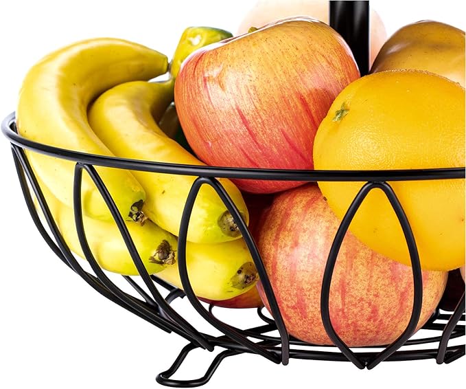 Rice rat Fruit Stand Vegetables Basket Counter Top Fruit Basket Bowl Storage for Kitchen Home Metal Cast Iron (2 Tier-Black)
