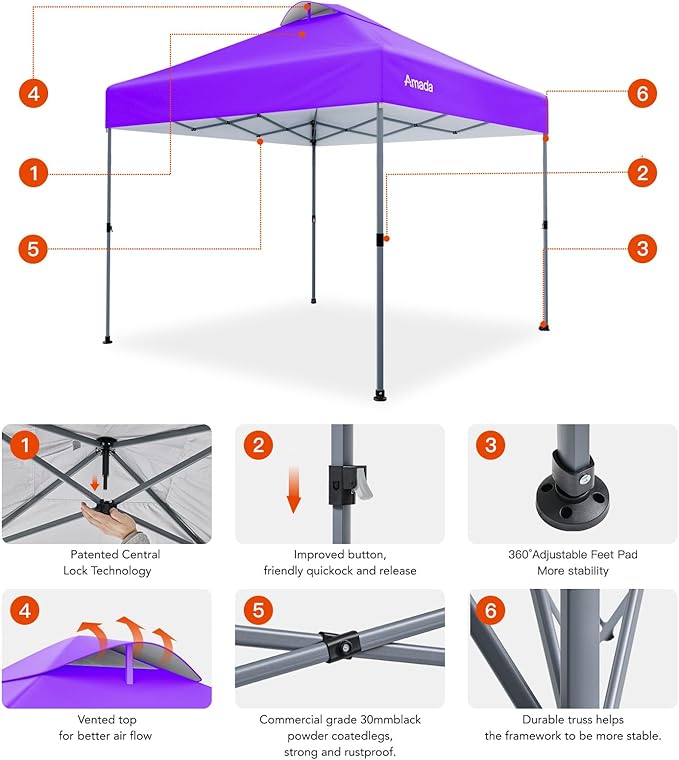 Amada 10x10 Pop Up Canopy - Center Lock One Push Instant Setup Gazebo Outdoor Canopy Beach Tent with STO-N-Go Bag 8 Stakes & 4 Sand Bags, 3-Height Adjustable Shade Shelter (10x10ft, Purple)