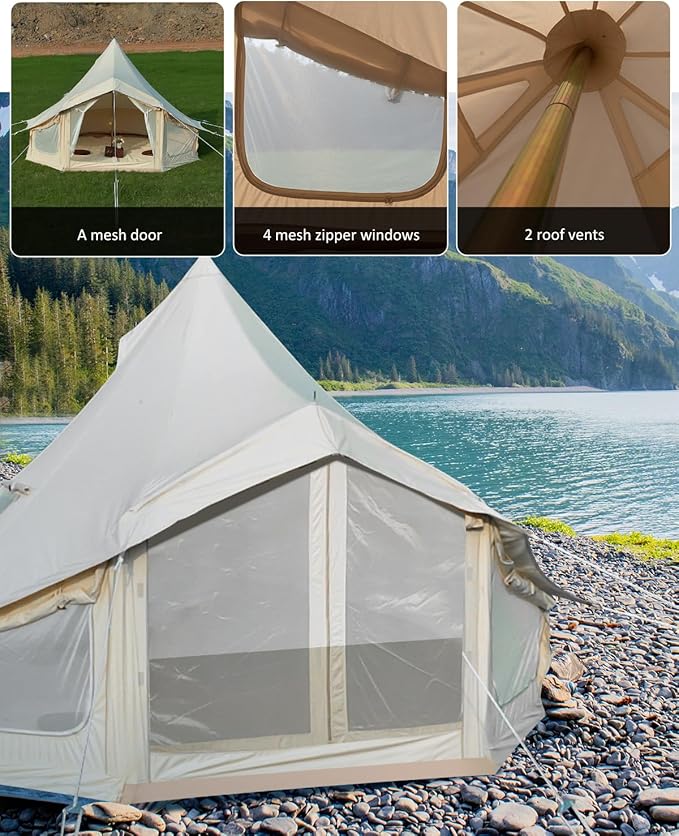 GarveeLife Canvas Bell Tent, 4 Seasons Yurt Tent with 2 Stove Jack, 4 Mesh Zippers Windows, Breathable Waterproof Tent Suitable for 4-12 People, Family Camping Outdoor Party