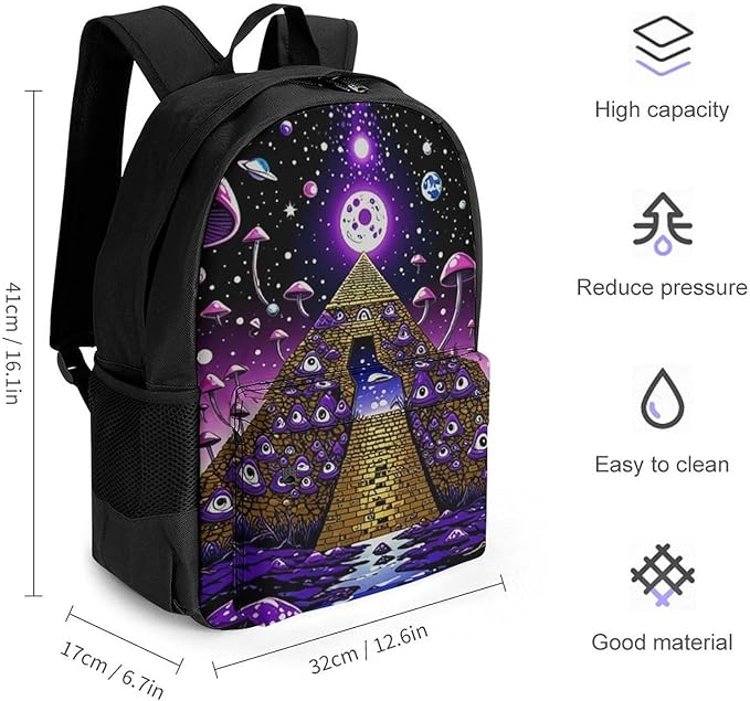 Shoulder Book Bags Polyester Multipurpose Anti-Theft Psychedelic Egyptian Pyramid Eye Mushroom Art Carry On Bag Large Capacity Travel Hiking Camping Rucksack