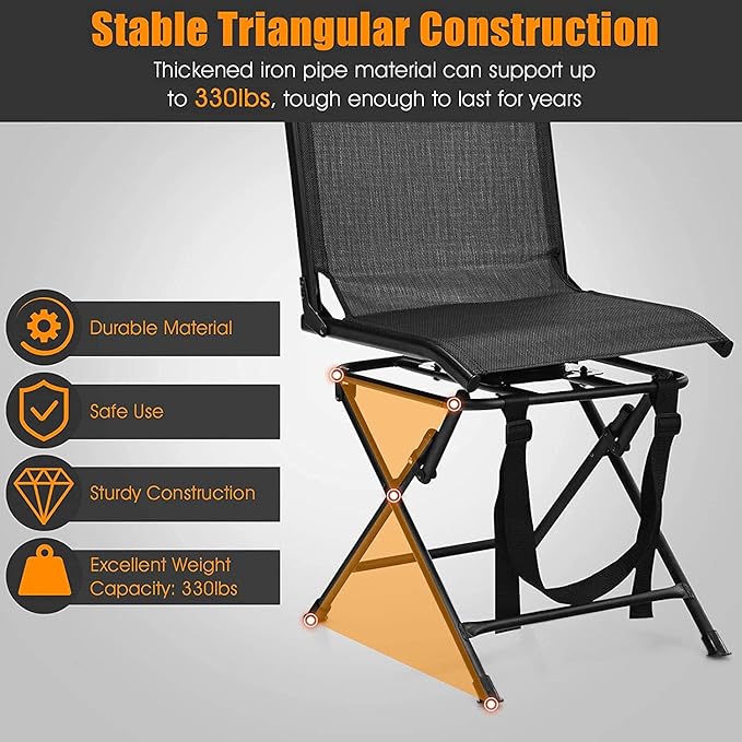 Moccha 360-degree Swivel Blind Chair, Foldable Hunting Chair w/Mesh Back & Non-Slipping Pads, Multi-Position X Steel Frame Portable Outdoor Chairs for Camping, Hunting, Fishing, Black