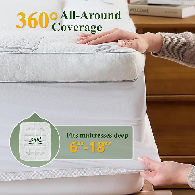 Memory Foam Mattress Topper - Viscose Made from Bamboo Pillow Top Thick Full Size Mattress Pad for Back Pain, Ultra Soft & Cooling for Hot Sleepers, 6-18'' Deep Pocket, White