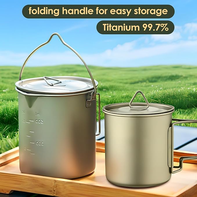 BY-J Titanium Camping Cookware Set – 750mL & 420mL Titanium Pot with Lid and Foldable Handle, Compact Backpacking and Travel Kitchenware for Camping, Hiking and Fishing