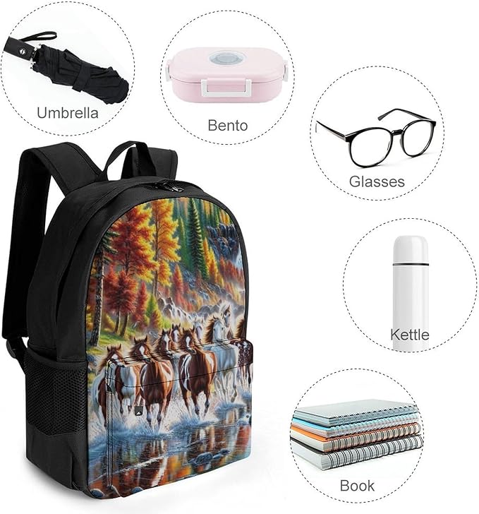 Supdreamc Daypack Backpack Polyester Multipurpose Anti-Theft Beautiful Horses Running In River Waters Shoulder Bag Big Capacity Gym Outdoor Hiking Backpack With Smooth Zippers