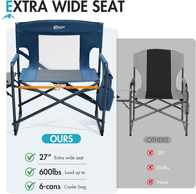 PORTAL 27" Oversized Director Camping Chair with Cooler, Heavy Duty Folding Chair for Adults Supports 600 LBs, Portable Outdoor Chairs for Outside Sports, Camping, Concert