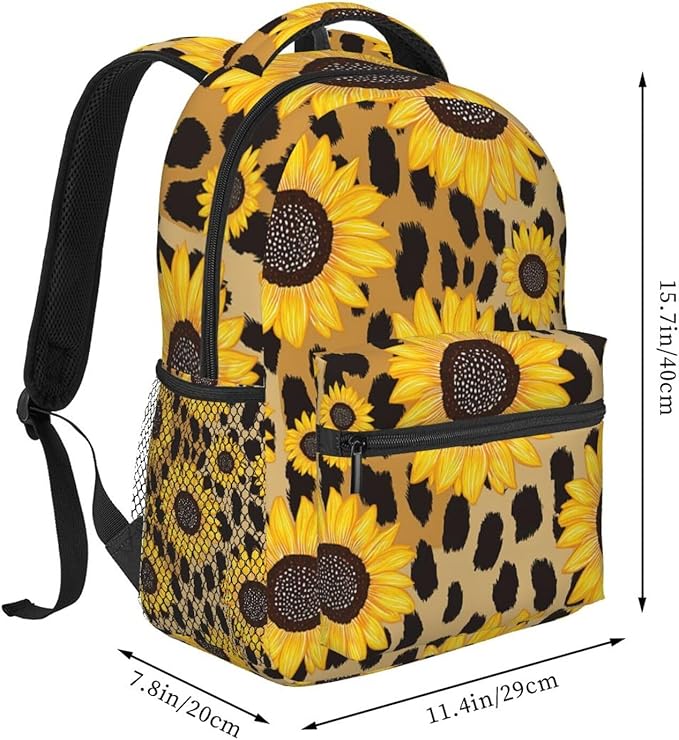 Women Men Polyester 90S Sunflower Leopard Casual Daypack Large Capacity Bookbag With Side Pockets for Sports Picnic Walking Cycling