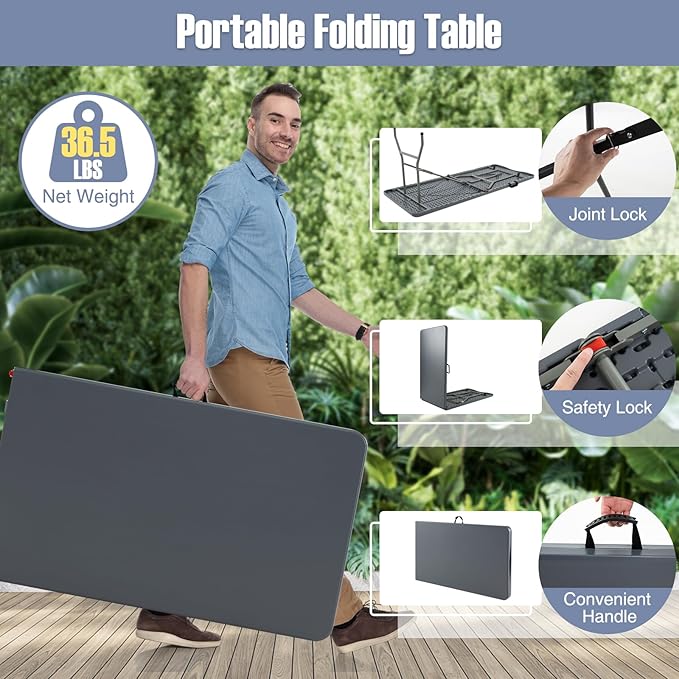 Folding Table, HDPE Portable Table with 8 ft Long Tabletop, Metal Frame Picnic Camping Table with Safe Lock, Collapsible Dining Table for Camping, Picnic, Party (Gray, 8 FT)