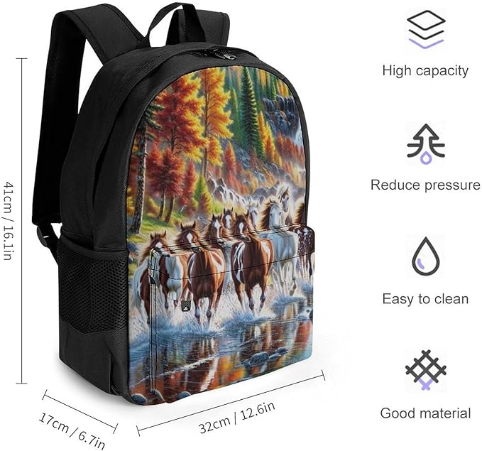 Supdreamc Daypack Backpack Polyester Multipurpose Anti-Theft Beautiful Horses Running In River Waters Shoulder Bag Big Capacity Gym Outdoor Hiking Backpack With Smooth Zippers