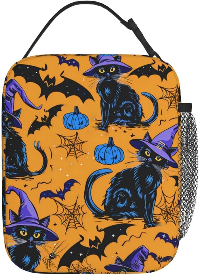 Reusable Black Cat Lunch Box for Kids Girls Boys Women Adult, Insulated Cute Lunch Bag,Polyester Cooler Pumpkin Handbags Case for School Picnic Work Travel Beach or Hiking (Halloween Orange)