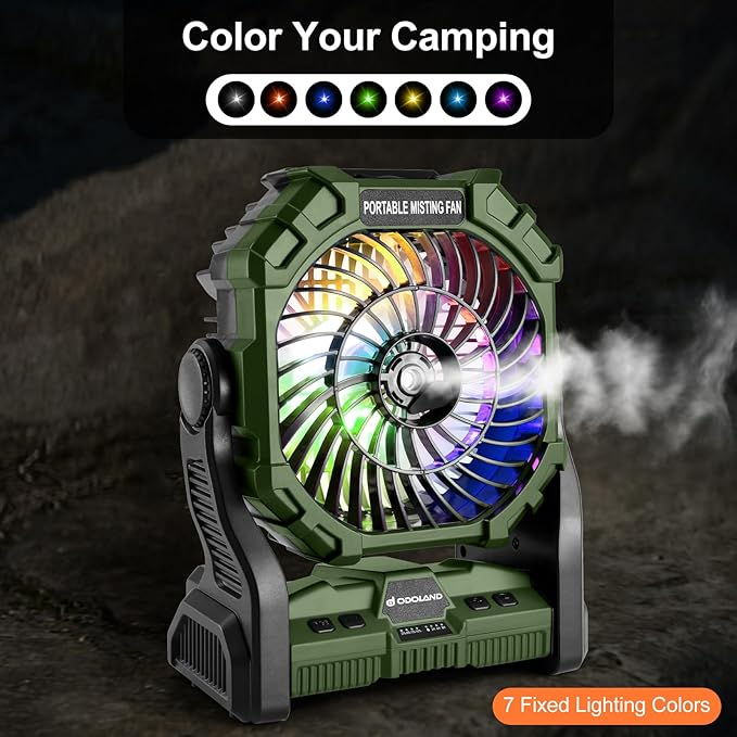 Odoland Portable Misting Fan, Camping Fan with Light & 250mL Water Tank,10000mAh Battery Operated Rechargeable Mister Tent Fans with Hook, Cooling Mist Fans for Outdoor Patios Beach RV Car Summer