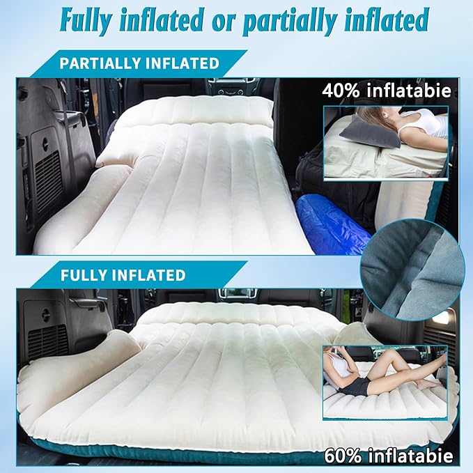 SUV Air Mattress Thickened and Double-Sided Flocking Travel Foldable Camping Bed for SUV Rear Seat and Trunk Camping Pickup Truck Bed Air Mattress, 76x51x4.7Inch (White Blue)