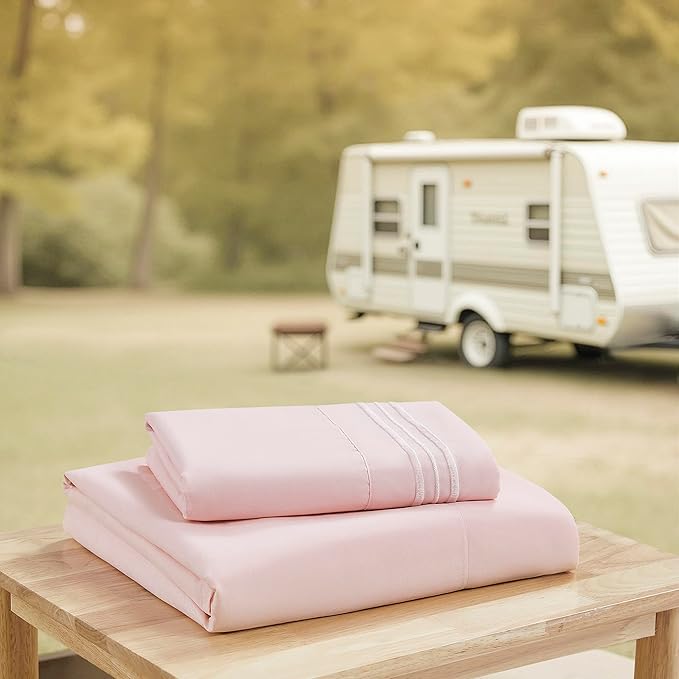 Camping Sheets Twin Size - Outdoor Air Mattress Sheet Set – Built-in Corner Straps for Air Mattress & Camping Use – Designed for Inflatable Beds & Tailgate Sleepovers, Pale Pink