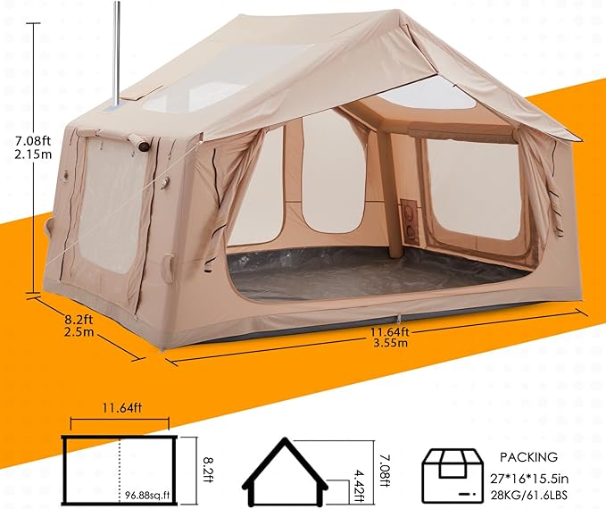 Inflatable Camping Tent with Electric Air Pump - 420D Heavy Duty Oxford - 5 Min Auto-Inflation - Panoramic Stargazing Skylight - 4 Season Luxury Glamping Cabin, 4-10 Person Multiple Sizes