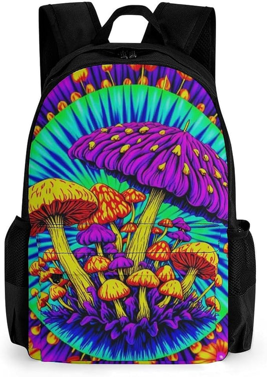Supdreamc Men Women Polyester Psychedelic Mushrooms Tie Dye Art Backpack Large Capacity Bookbag With Smooth Zippers for Climbing Picnic Bicycle