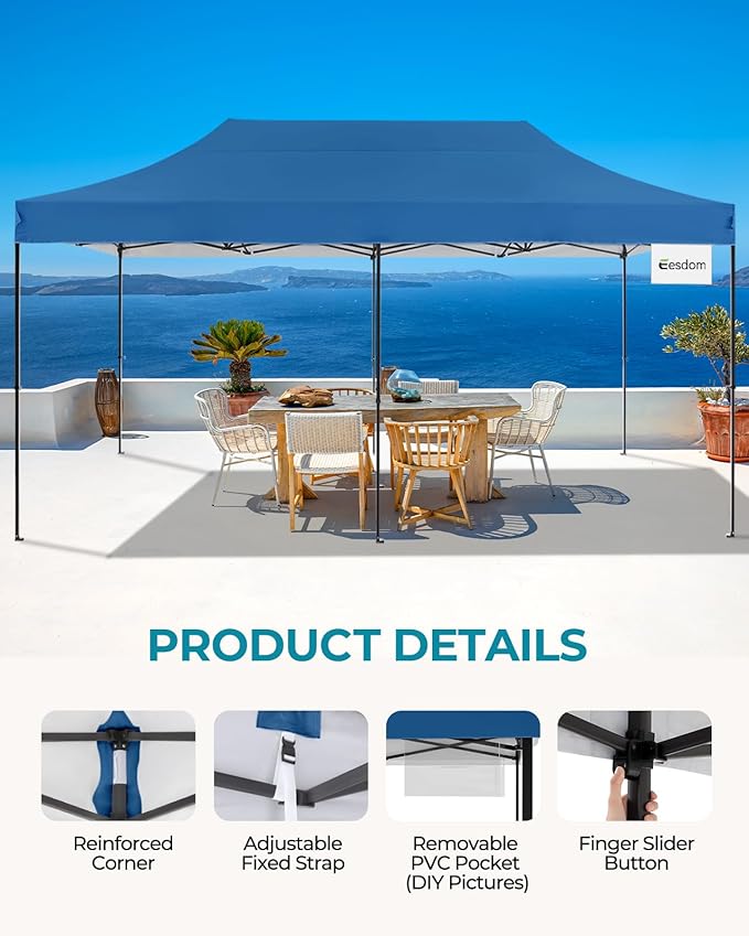 10x20 Canopy Tent with Roller Bag, Commercial Pop Up Canopy Tent, Adjustable Height with Pull Ring, Outdoor Canopy for Beach, Parties, UPF50+, 6 Stakes & 6 Sandbags & 6 Ropes, Blue