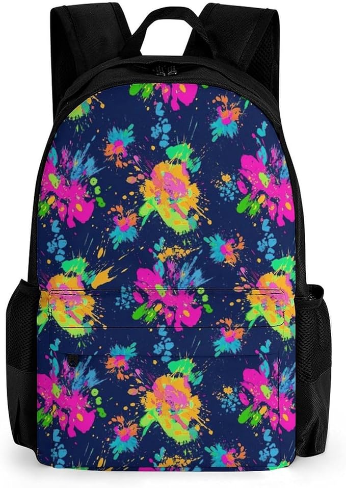 Men Women Polyester Paint Splatter Dark Colorful Daypack Big Capacity Shoulder Bag With Smooth Zippers for Hiking Work Walking Cycling
