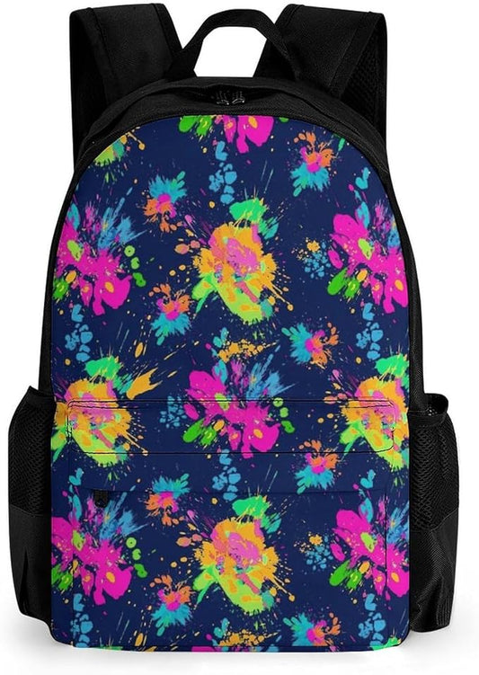 Men Women Polyester Paint Splatter Dark Colorful Daypack Big Capacity Shoulder Bag With Smooth Zippers for Hiking Work Walking Cycling