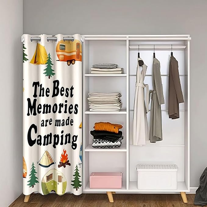 Cartoon Camper Kids Door Curtain,RV Trailer Rustic Adventure Blackout Curtain,Tent Bonfire Campfire Pine Tree Nature Bedroom Doorway Living Room Decor,Colorful Privacy Door Drape 1 Panel,42" W X 80" L