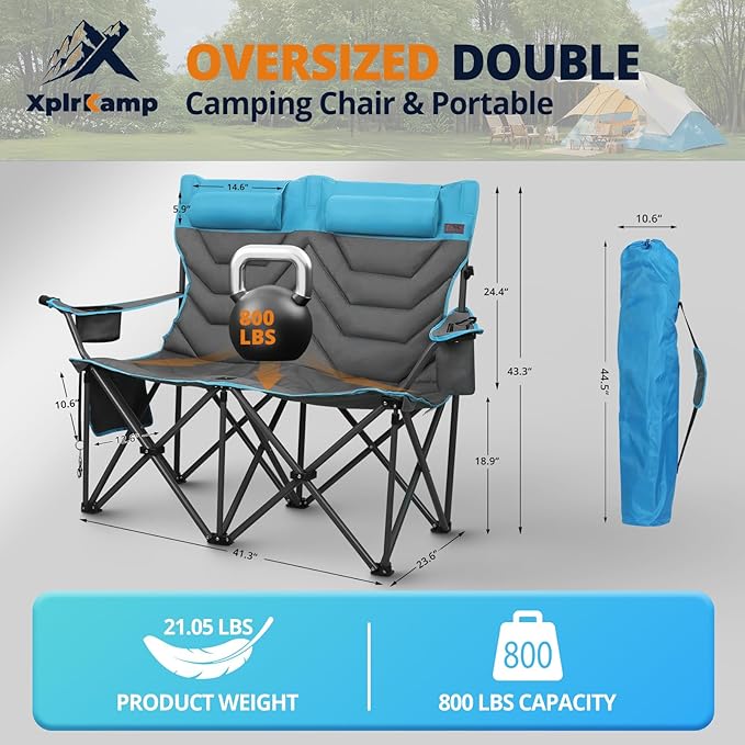 Oversized Double Camping Chairs for Adults, High-Back Loveseat with Pillows, Dual Cup Holders & Cooler Bags - Heavy Duty 2 Person Folding Chair, 800LBS Capacity, Outdoor, Picnic, Lawn (Bluegrey)