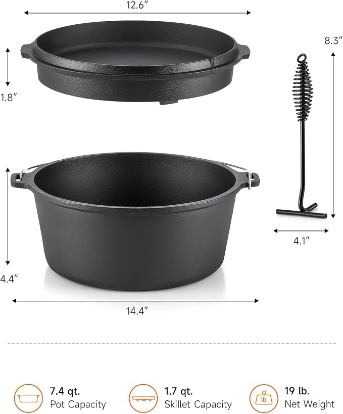 DARTMOOR 9 Quart Pre-Seasoned Cast Iron Dutch Oven with Lid and Lid Lifter Tool Outdoor Deep Camp Pot for Camping Fireplace Cooking BBQ Baking Campfire 9 QT