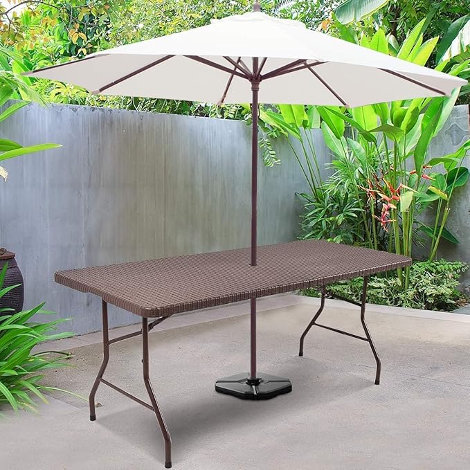 Tangkula 6Ft Rattan Folding Table, Indoor Outdoor Portable Foldable Table with 1.8 Inch Umbrella Hole, Heavy Duty Metal Frame, Carrying Handle for Camping Picnic Backyard BBQ
