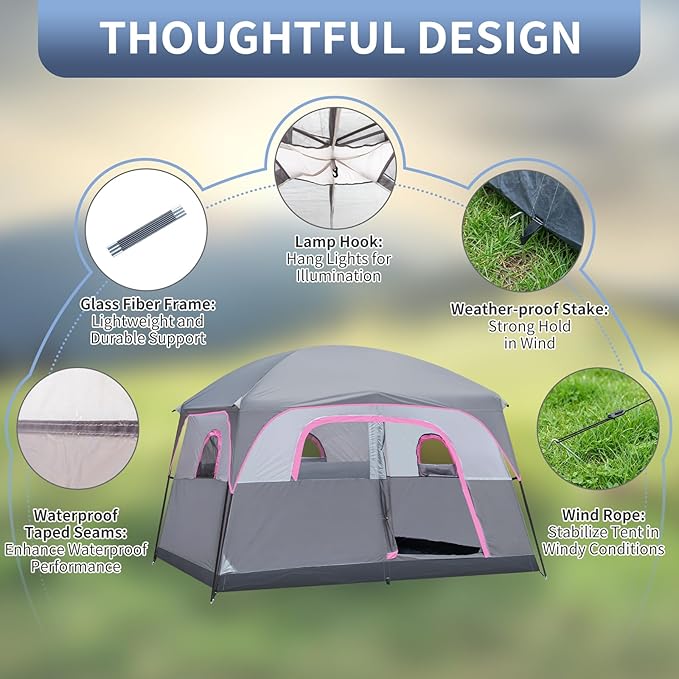 Outvita 6 Person Camping Tent with Carry Bag, Waterproof Windproof Easy Setup, Portable Family Camping Tent with 1 Mesh Door & 5 Large Mesh Windows, 10'X9'X83in