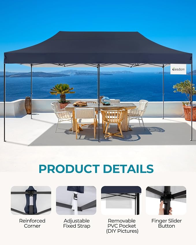 10x20 Pop Up Canopy Tent with Roller Bag, Easy Set Up, Waterproof Commercial Shelter, 6 Stakes & 6Sandbags & 6 Ropes, Silver Coated Top, Navy Blue